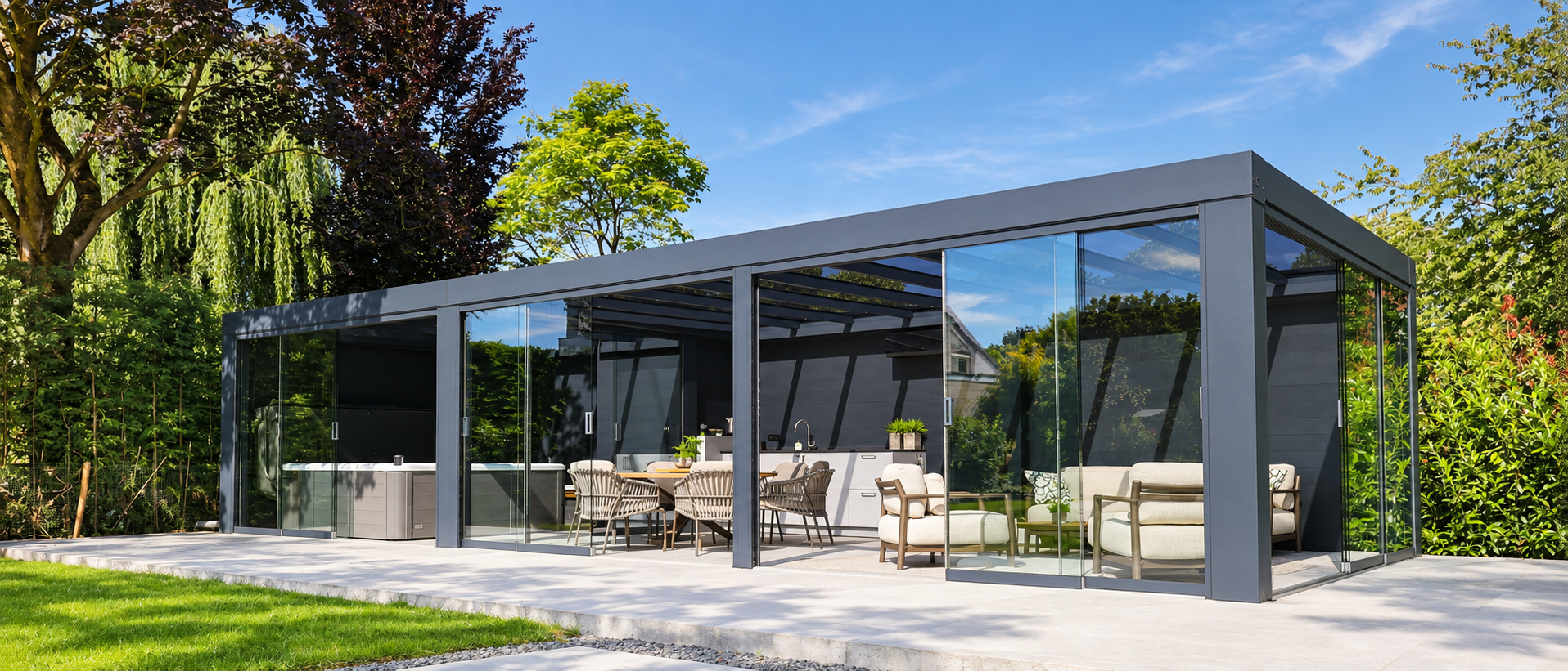 Tuinkamer met glazen schuifwanden